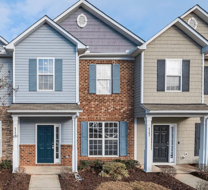 Modern row houses with blue and gray exteriors