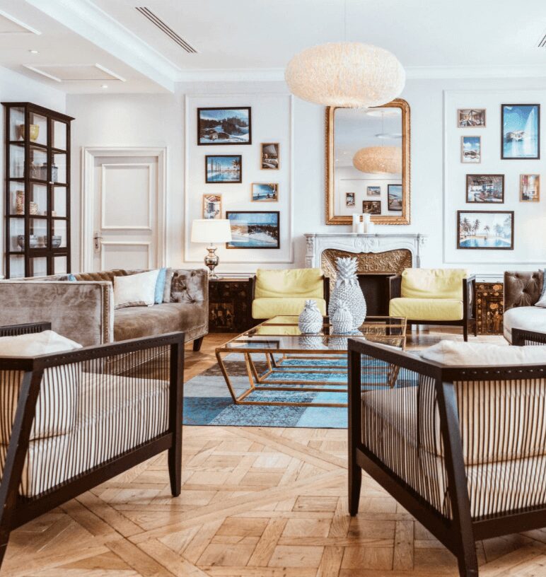 Cozy seating area with wall art