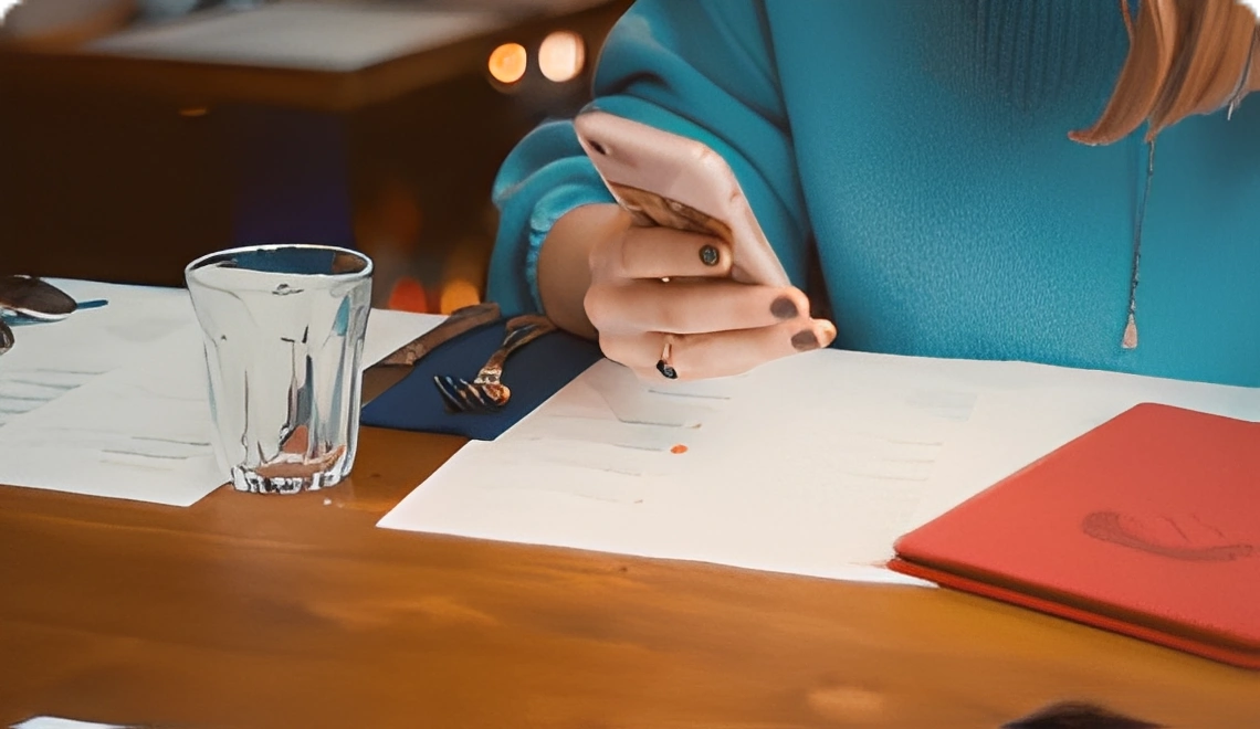 Person using phone at restaurant table